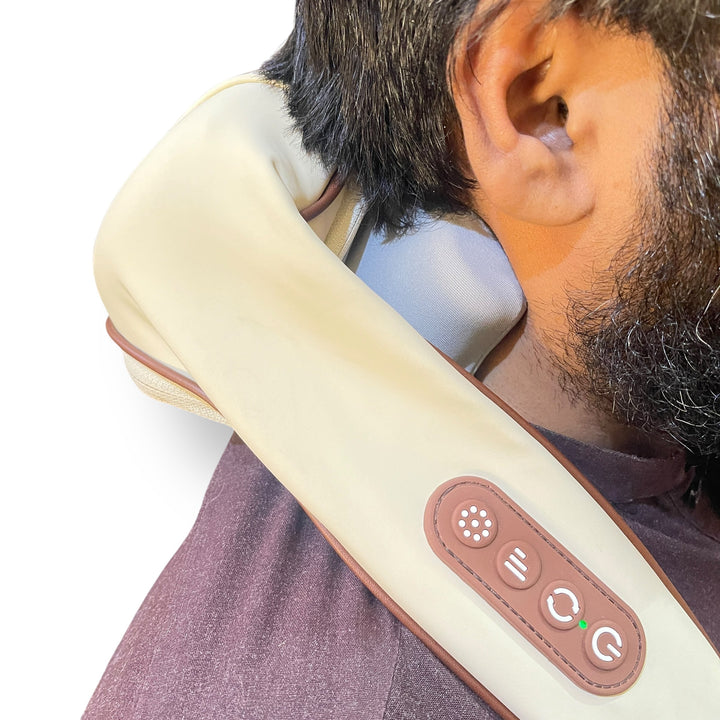 Beige U-shaped neck shoulder massager with leather cover, brown trim, and control buttons