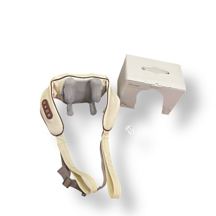 Beige and brown leather cover electric neck shoulder massager with control panel