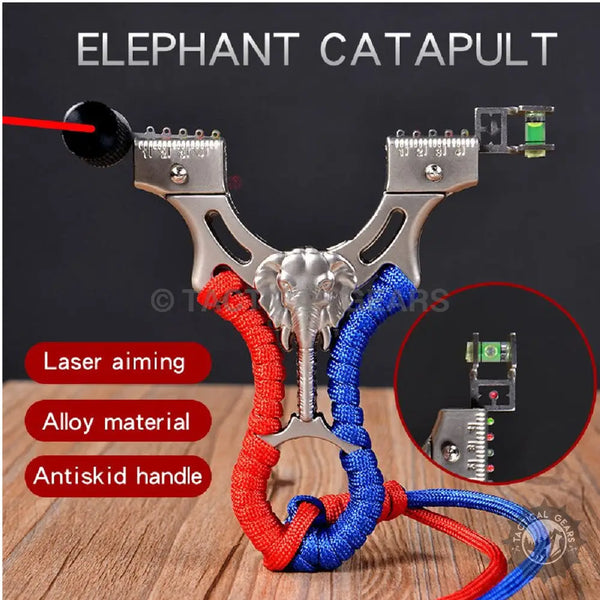 Silver alloy Elephant Catapult with laser sight, aiming point, and bubble level