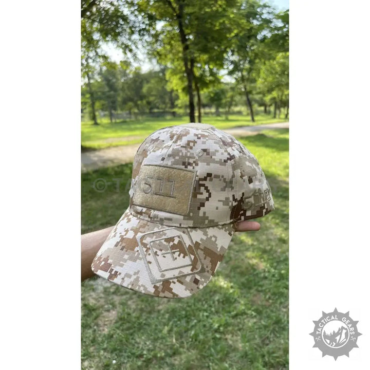 Digital desert camouflage tactical cap with hook-and-loop patches for outdoor use