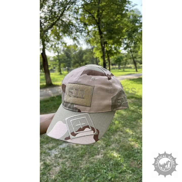 Camouflage tactical baseball cap with patches from 511 Tactical Outdoor Cap collection