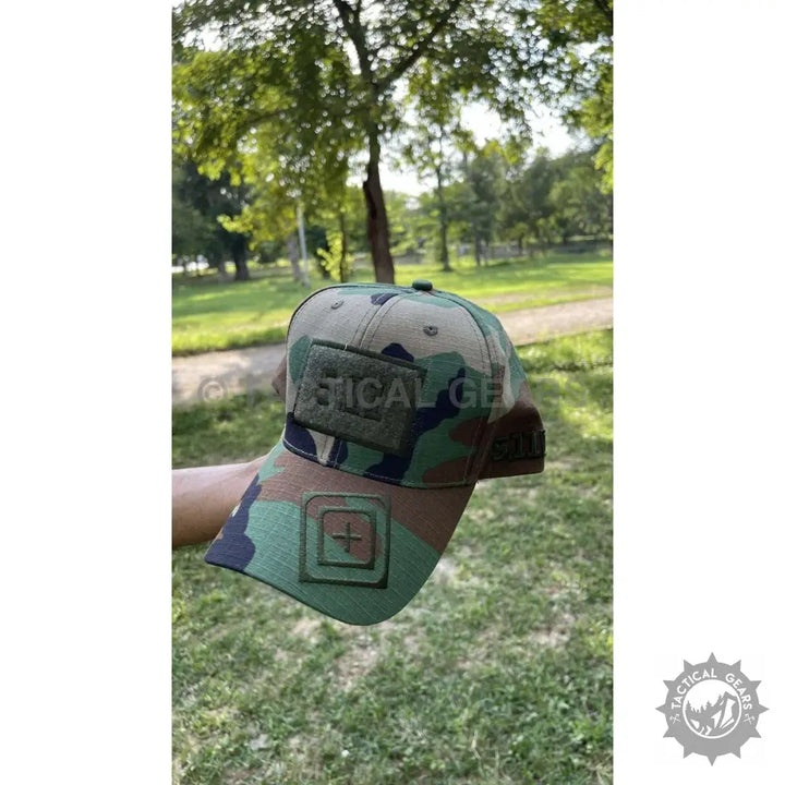 Camouflage tactical baseball cap with square patch and embroidered logo on brim