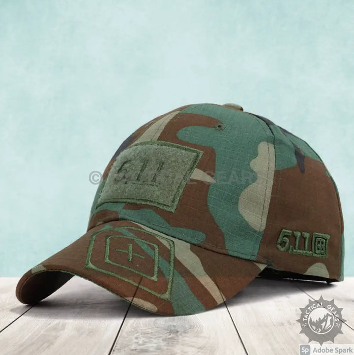 Camouflage tactical baseball cap with embroidered logos for outdoor and tactical use