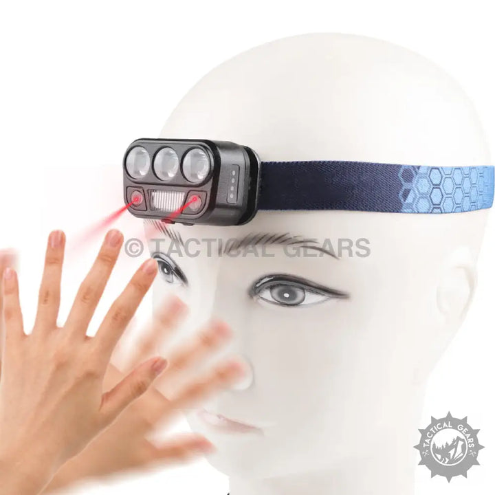 Emergency USB Motion Sensor Head Torch with three lights, red side lights, and laser control