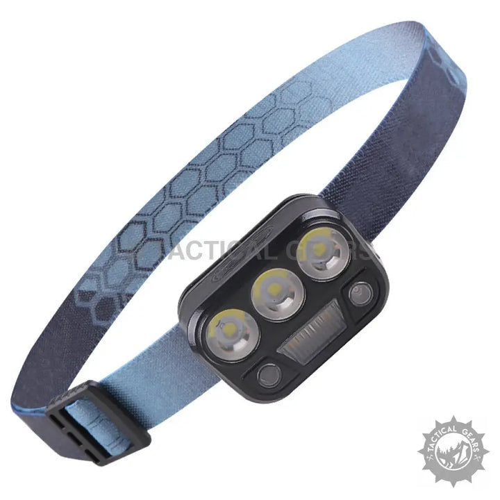 Black Emergency USB Motion Sensor Head Torch with three LED lights and blue hex strap