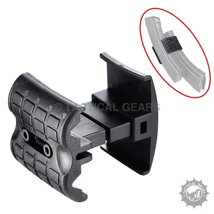 Black polymer AK47 magazine coupler with ergonomic grip for secure magazine attachment