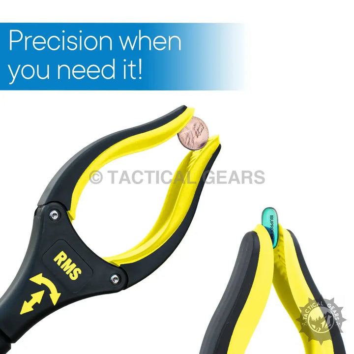 Black and yellow objects grabber tool with precision grip for extended objects