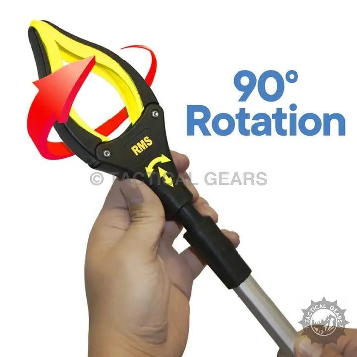 Black and yellow extended objects grabber tool with long handle for easy object retrieval