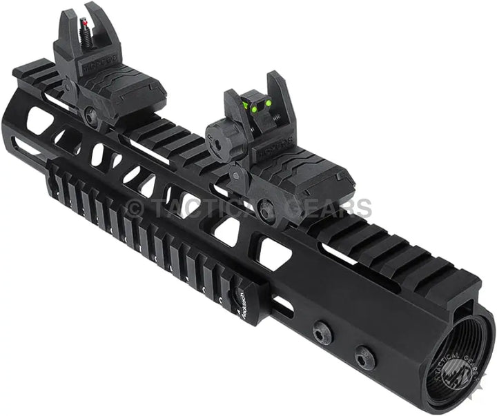 Black rifle handguard with flip-up iron sights and M-LOK slots for fiber optic optics