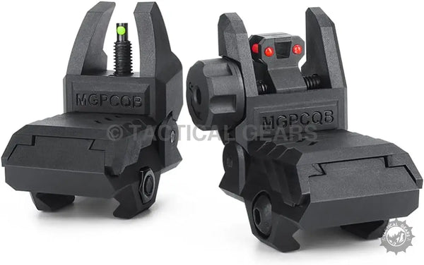 Black flip-up iron sights with green and red fiber optic dots for enhanced visibility
