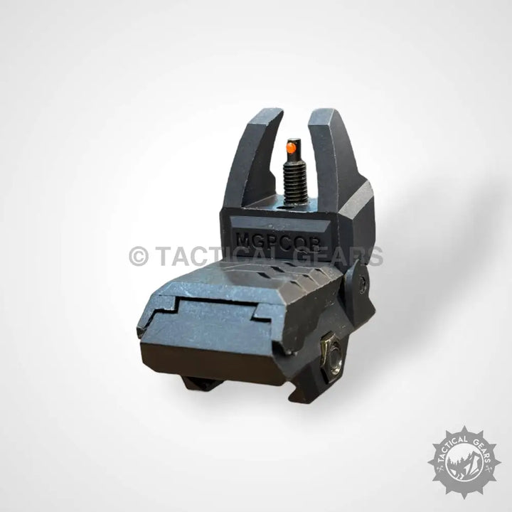 Black flip-up front iron sight with fiber optic orange dot for accurate aiming
