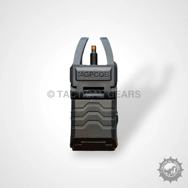 Black polymer flip-up front sight with orange fiber optic post for enhanced visibility