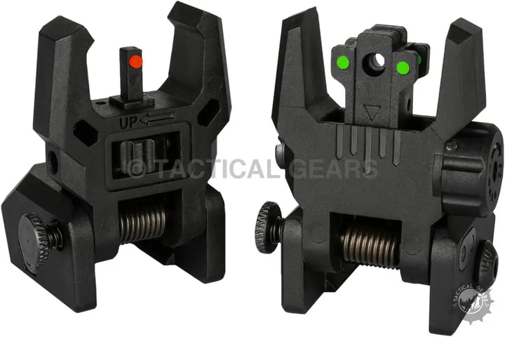Fiber optic flip-up iron sights with green and red dots for precise firearm aiming