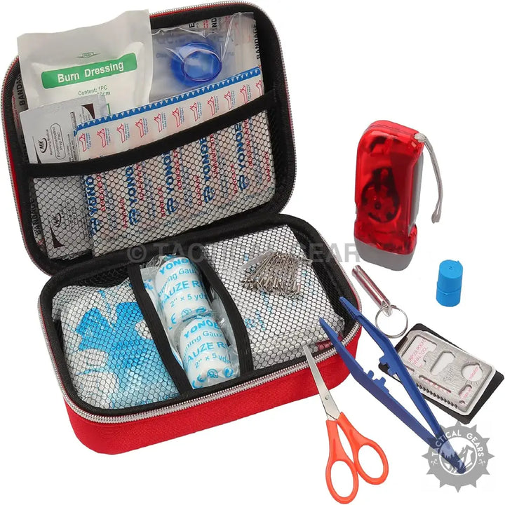 Red First Aid Kit with medical supplies and emergency tools for safety and preparedness