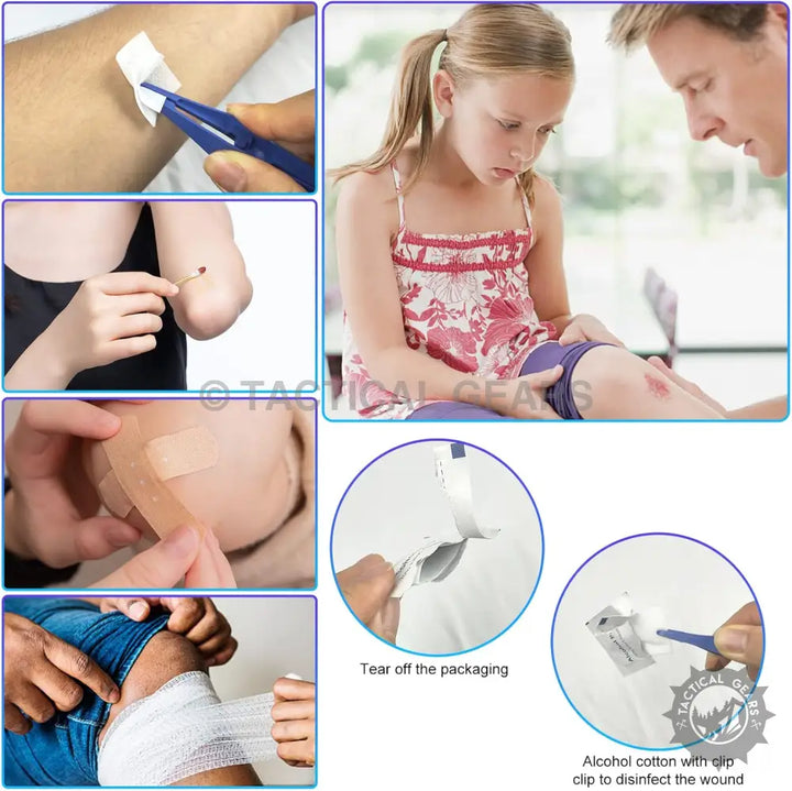 Multi-panel image showing first aid treatments for minor injuries in a First Aid Kit