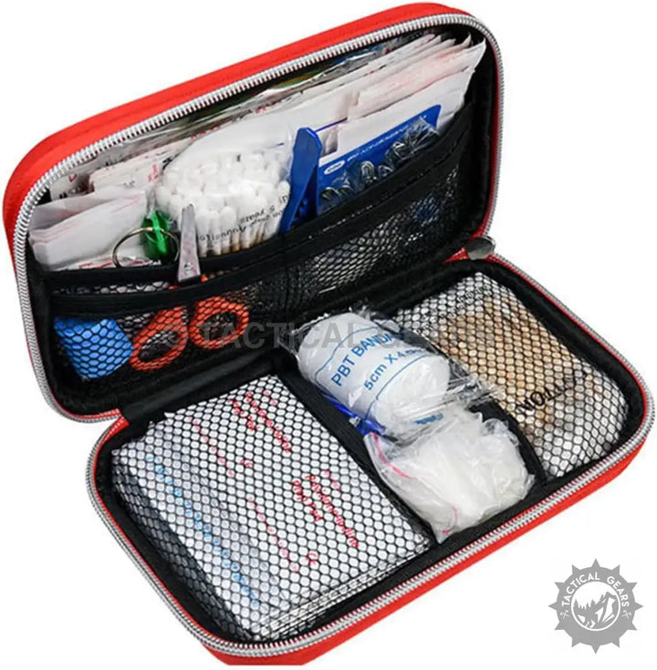 Open red First Aid Kit filled with medical supplies for emergencies