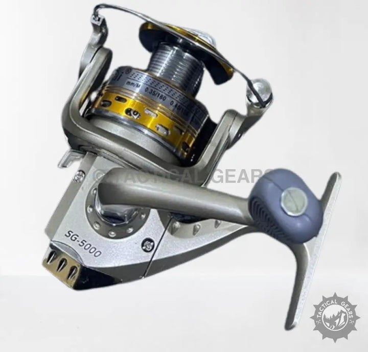 Silver and gold spinning reel with blue handle on Fishing Rod 7 Ft for smooth fishing line