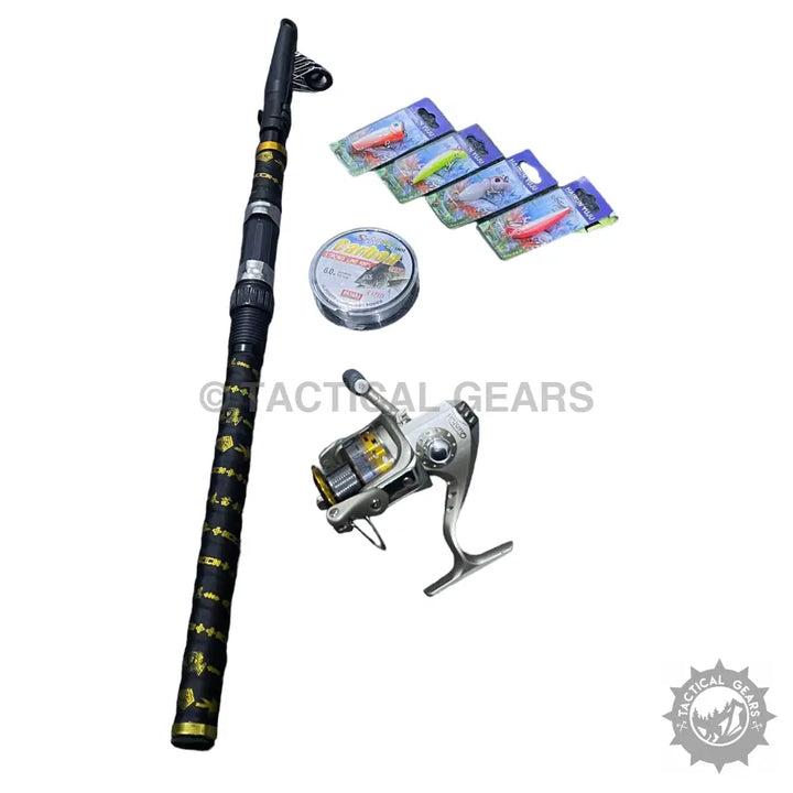 Fishing rod with spinning reel, fishing line, and lures for freshwater fishing