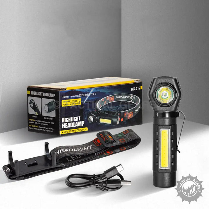 Black LED headlamp KX-212 flashlight with detachable strap, COB light, rechargeable via USB-C