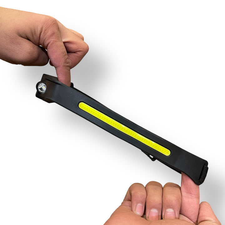 Flexible LED Strip Headlamp with bright yellow LED strip and single spotlight for work lighting