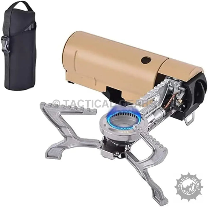 Foldable Compact Cassette Stove with lit burner and carrying case for portable camping cooking