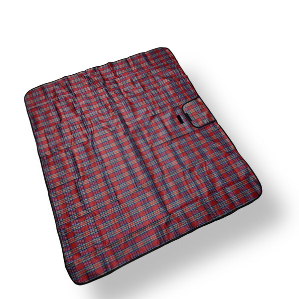Red and blue plaid Foldable Picnic Sheet with storage pocket, perfect for person picnic sheet use