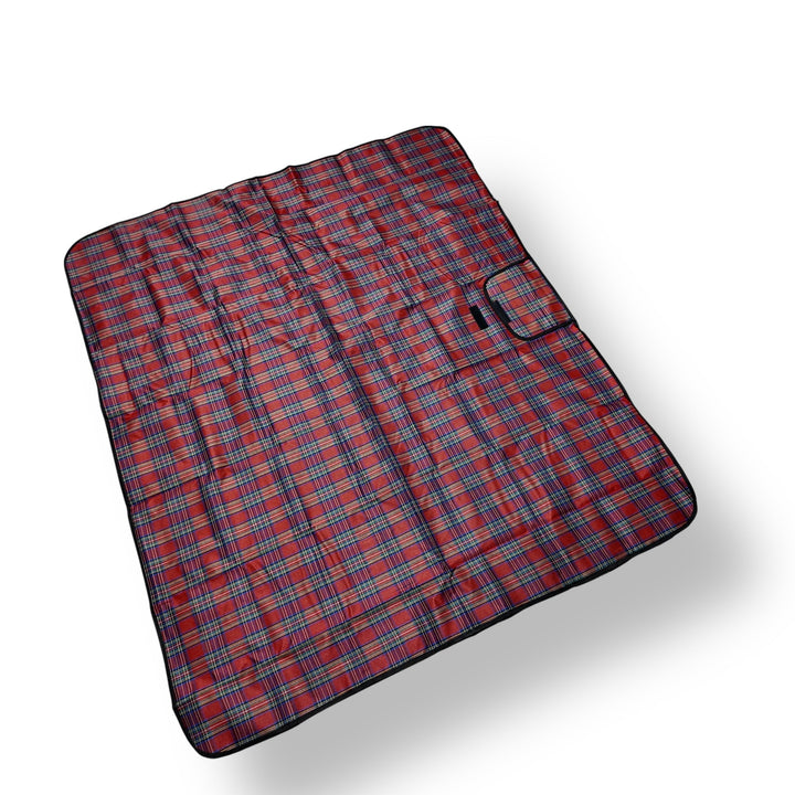 Red and blue plaid Foldable Picnic Sheet with storage pocket, perfect for person picnic sheet use
