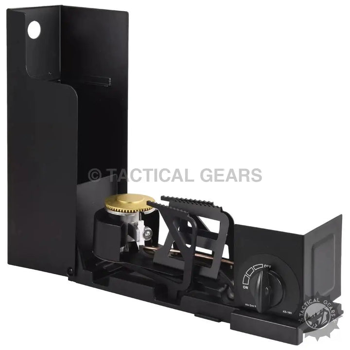 Black portable camping stove with wind guard, ideal cooking solution for camping trips