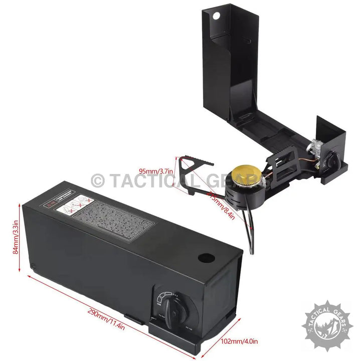 Black gas canister and L-shaped metal frame with yellow component for Folding Camping Cassette Stove cooking solution
