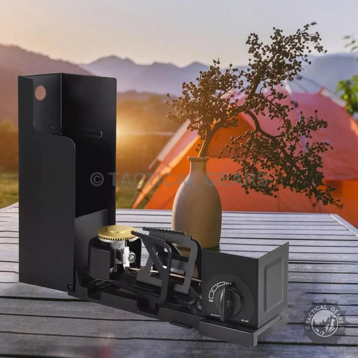 Portable black metal camping stove with wind guards for the ultimate cooking solution