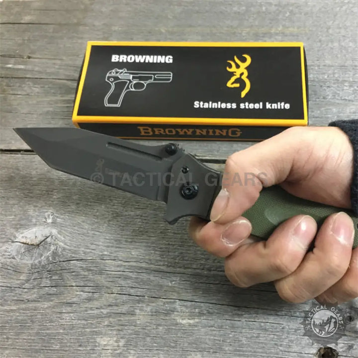 Browning DA73-1 dark gray folding camping knife with green handle