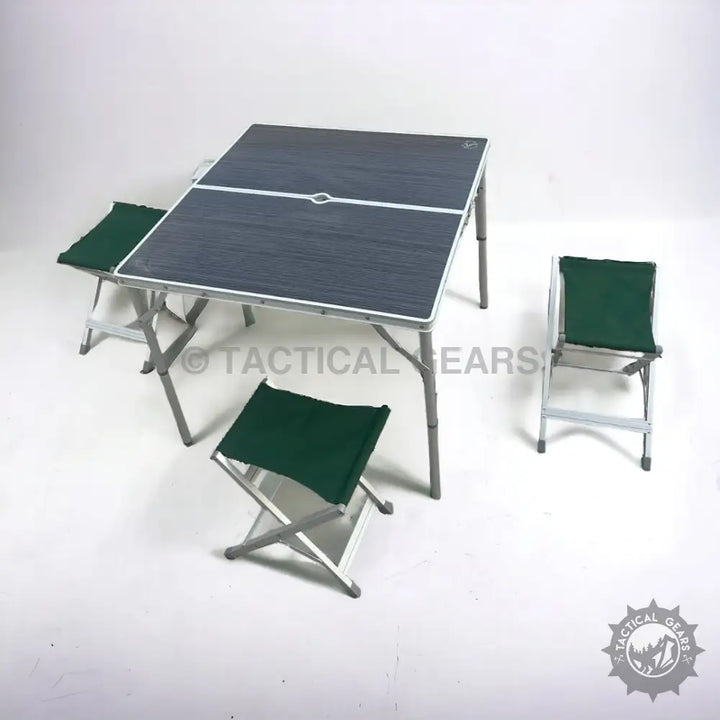 Portable folding camping picnic table with aluminum frame and four matching stools