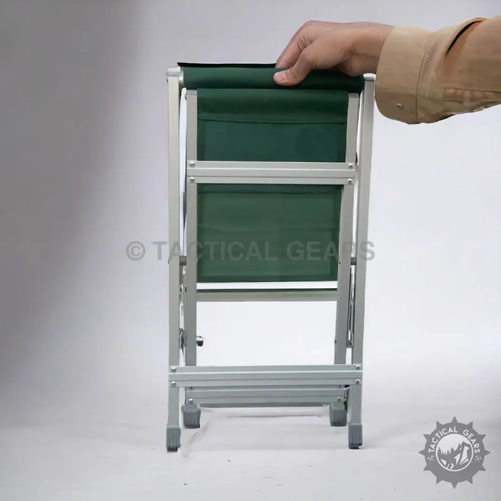 Collapsible green and silver aluminum stool from Folding Camping Picnic Table with aluminum frame