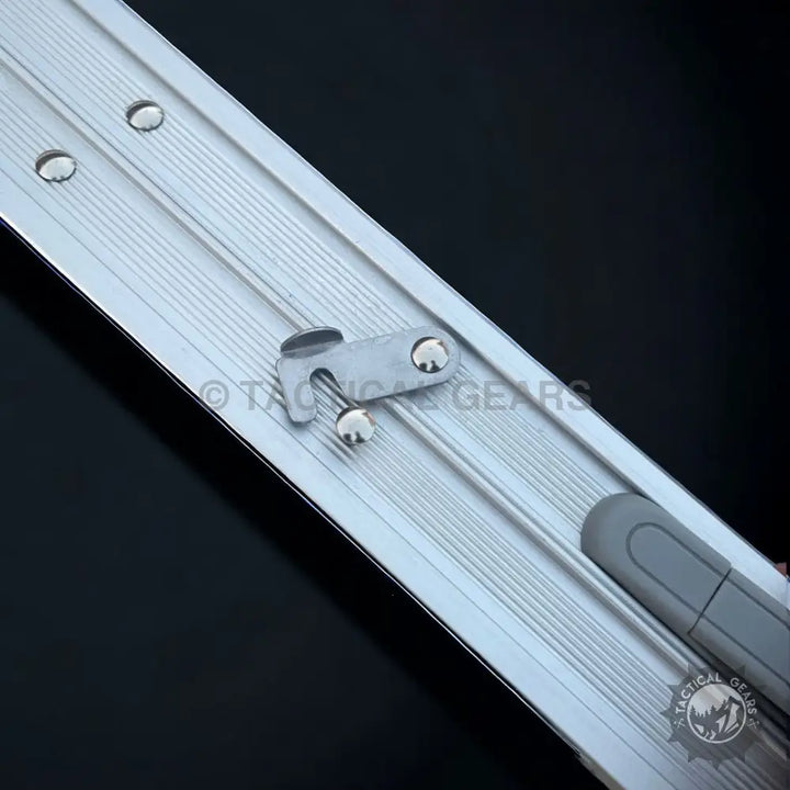 Aluminum track with sliding hook and rubber-capped handle on Folding Camping Picnic Table