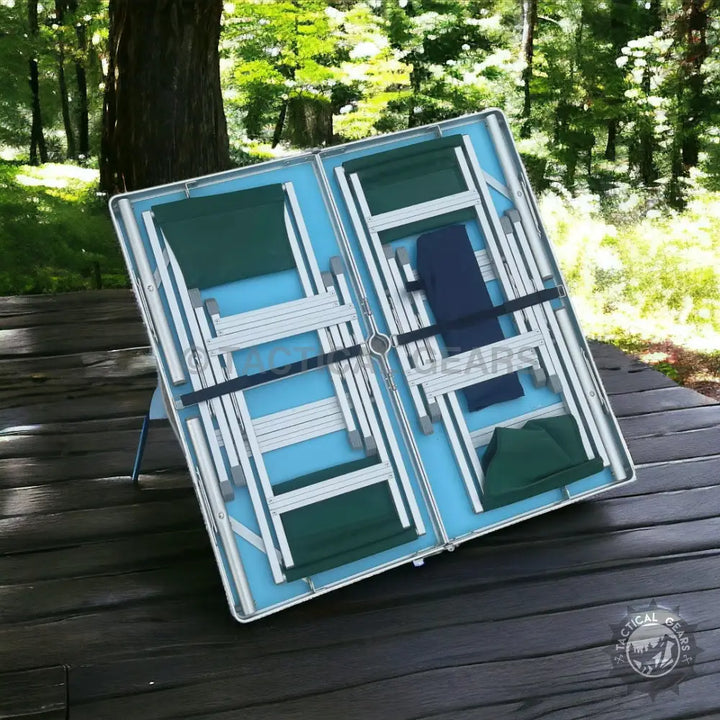 Portable folding camping picnic table with aluminum frame and integrated chairs for outdoor use