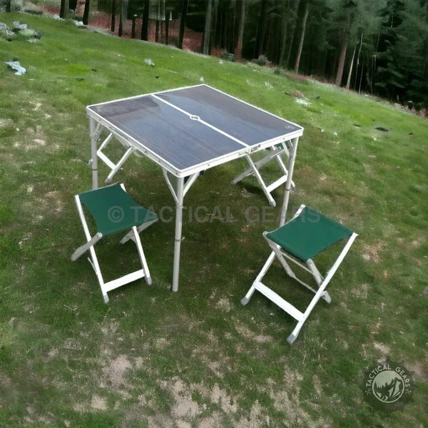 Portable folding camping picnic table with aluminum frame and two folding stools