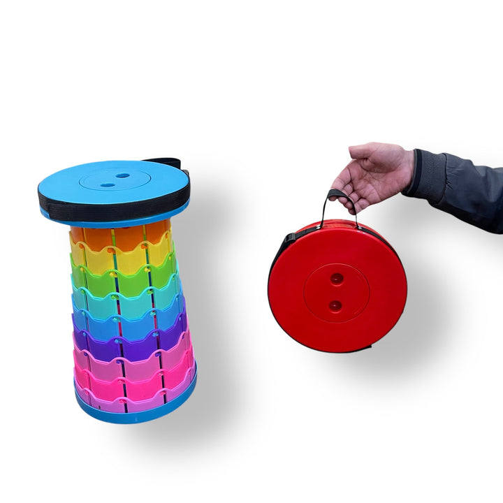 Colorful folding carrying stool shown extended and collapsed with carrying handle