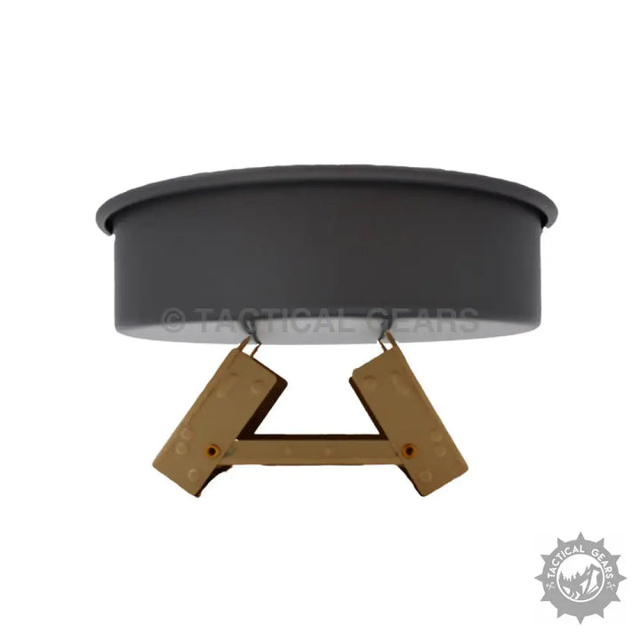 Portable fuel tab stove with dark grey pot and tan foldable stand for camping