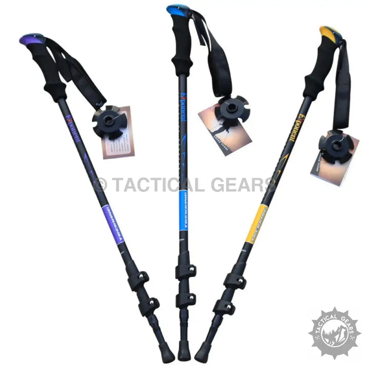 Adjustable trekking stick set with purple, blue, and yellow trekking poles for hiking