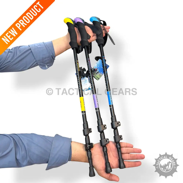 Colorful folding hiking stick with adjustable height, perfect for trekking and hiking