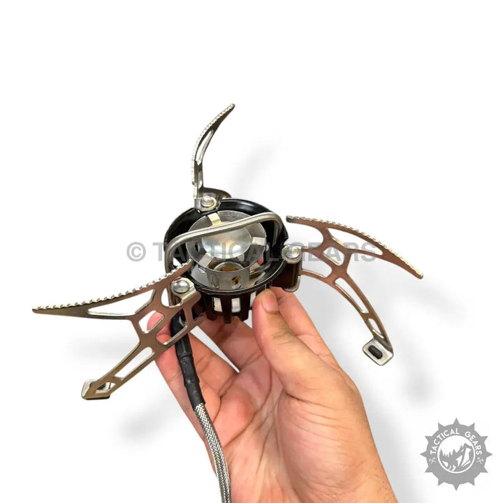 Folding Portable Camping Stove with foldable pot supports and flexible fuel line