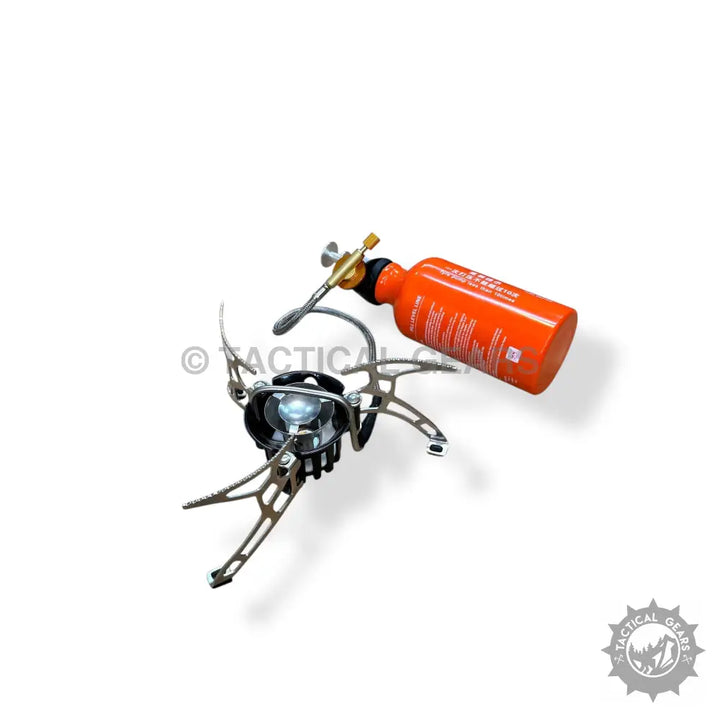 Folding Portable Camping Stove with orange fuel canister for outdoor cooking