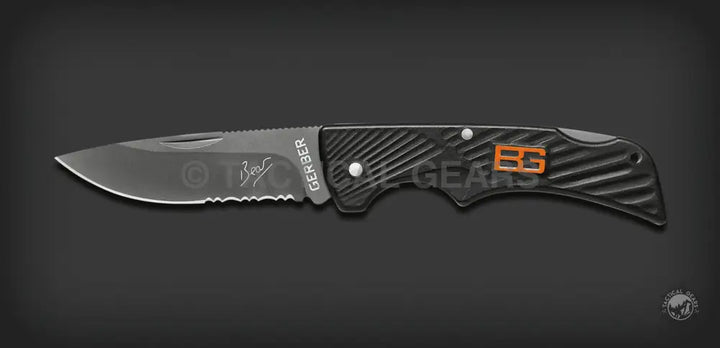 Gerber Bear Grylls compact scout knife with black serrated drop point blade