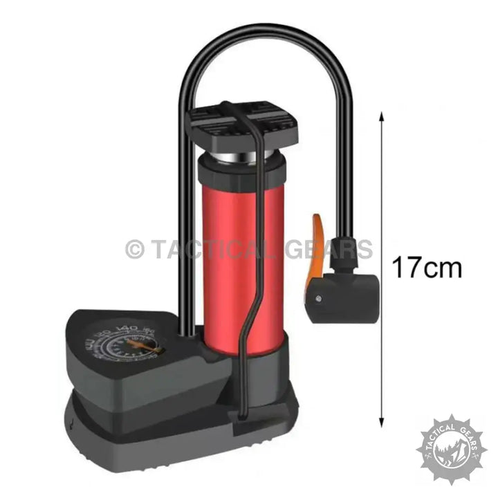 Red and black foot activated portable mini tire pump with pressure gauge, 17cm height