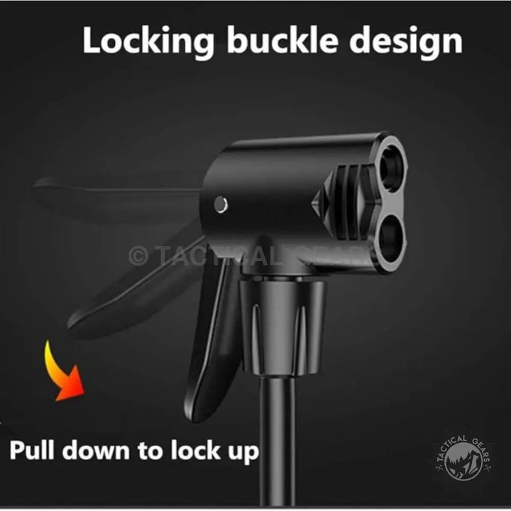 Black pump head with locking buckle design on a portable mini tire pump for easy inflation