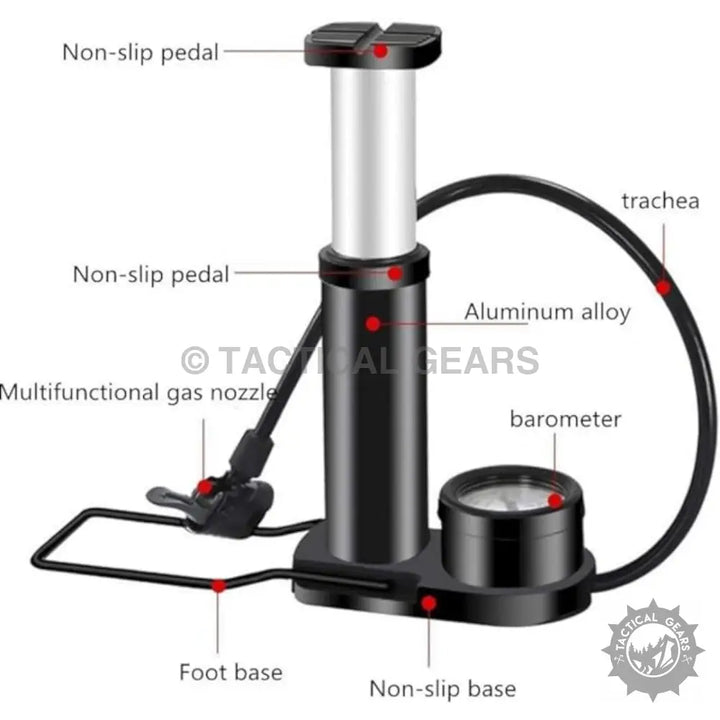 Black aluminum alloy portable mini tire pump with built-in barometer and non-slip features
