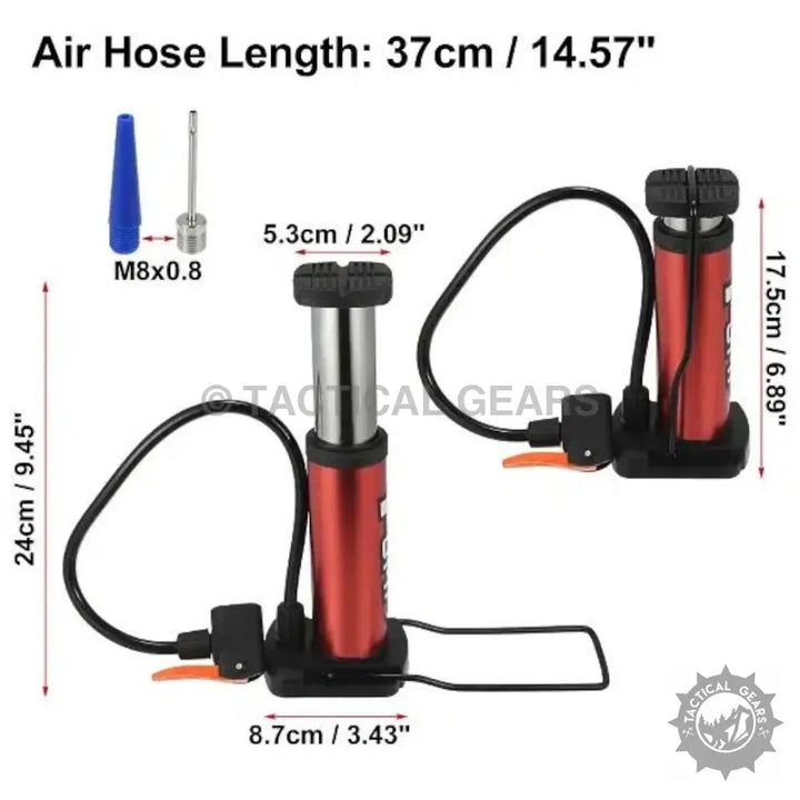 Red portable mini tire pump with attachments and dimensions for easy inflation