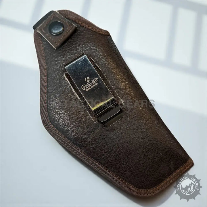 Dark brown textured gun leather holster with metal belt clip for Galco Gun Leather Holster