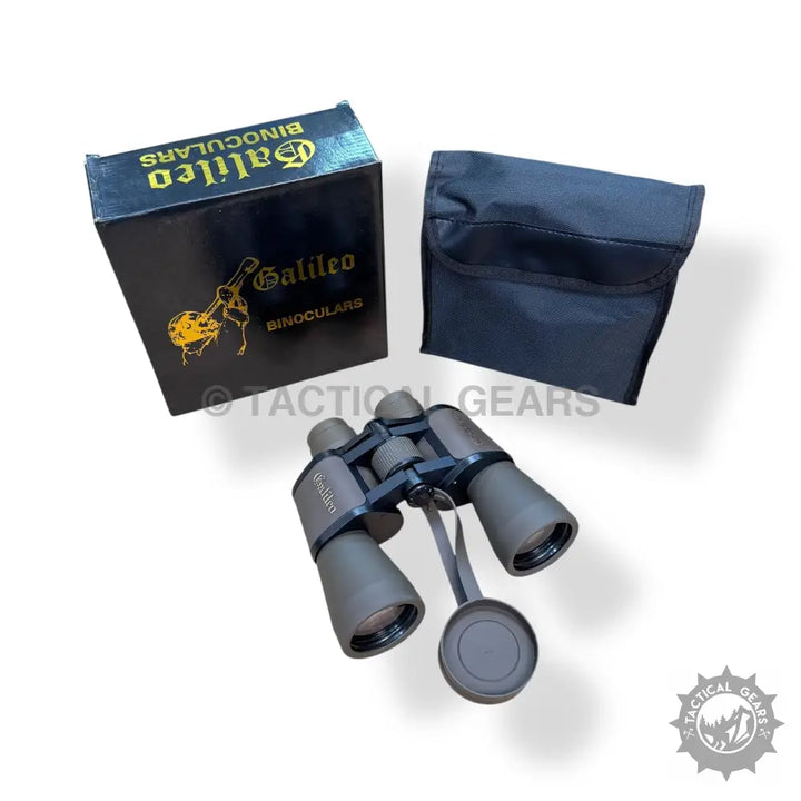 Black Galileo 20x50 binoculars with lens caps, carrying case, and box for outdoor viewing