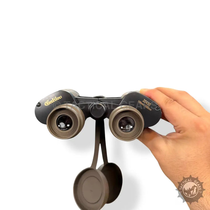 Galileo 20x50 binoculars in black and bronze with attached lens caps for clear viewing